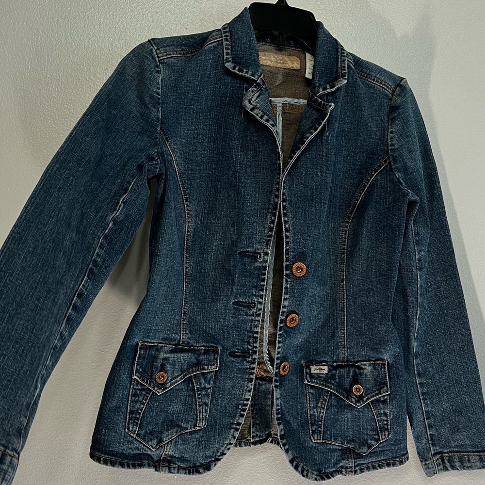 Y2K Levi's Womens Small Blue Wash Denim Jean Blazer Jacket Flare Vintage - Picture 7 of 10